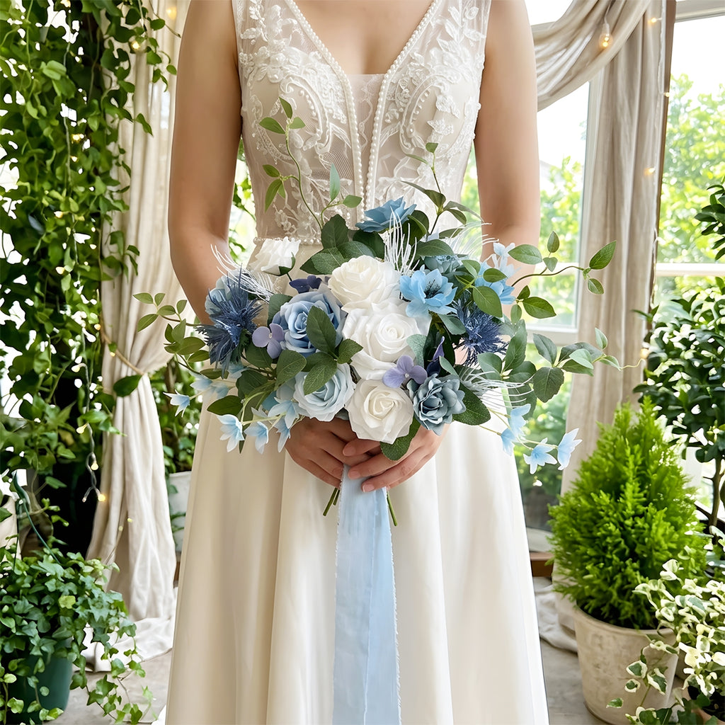Dusty Blue Bridal Bouquet | Blue White Artificial Wedding Flowers Bride Bridesmaid
