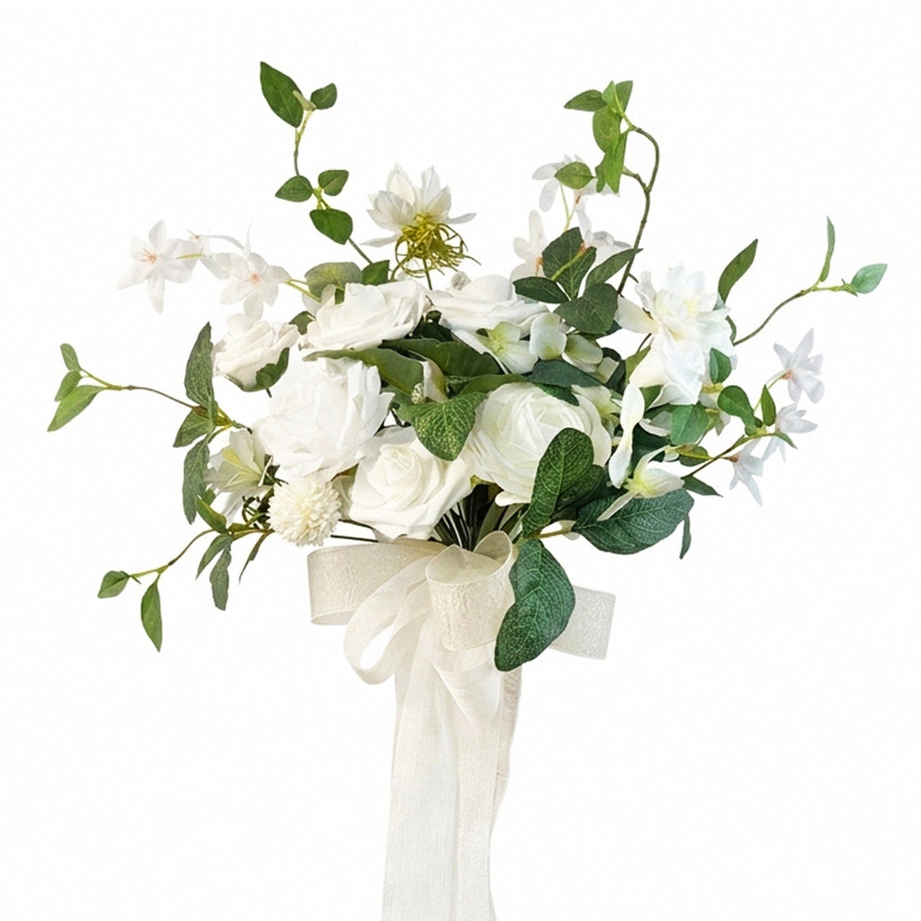 White artificial rose bridal bouquet pre-made lightweight for wedding ceremony bride bridesmaid toss bouquet bridal shower and photo shoot