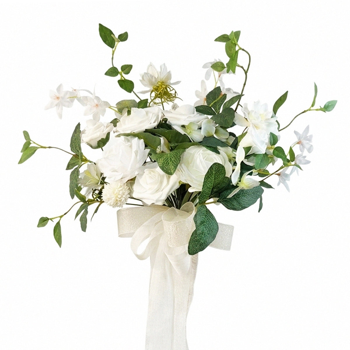 White artificial rose bridal bouquet pre-made lightweight for wedding ceremony bride bridesmaid toss bouquet bridal shower and photo shoot