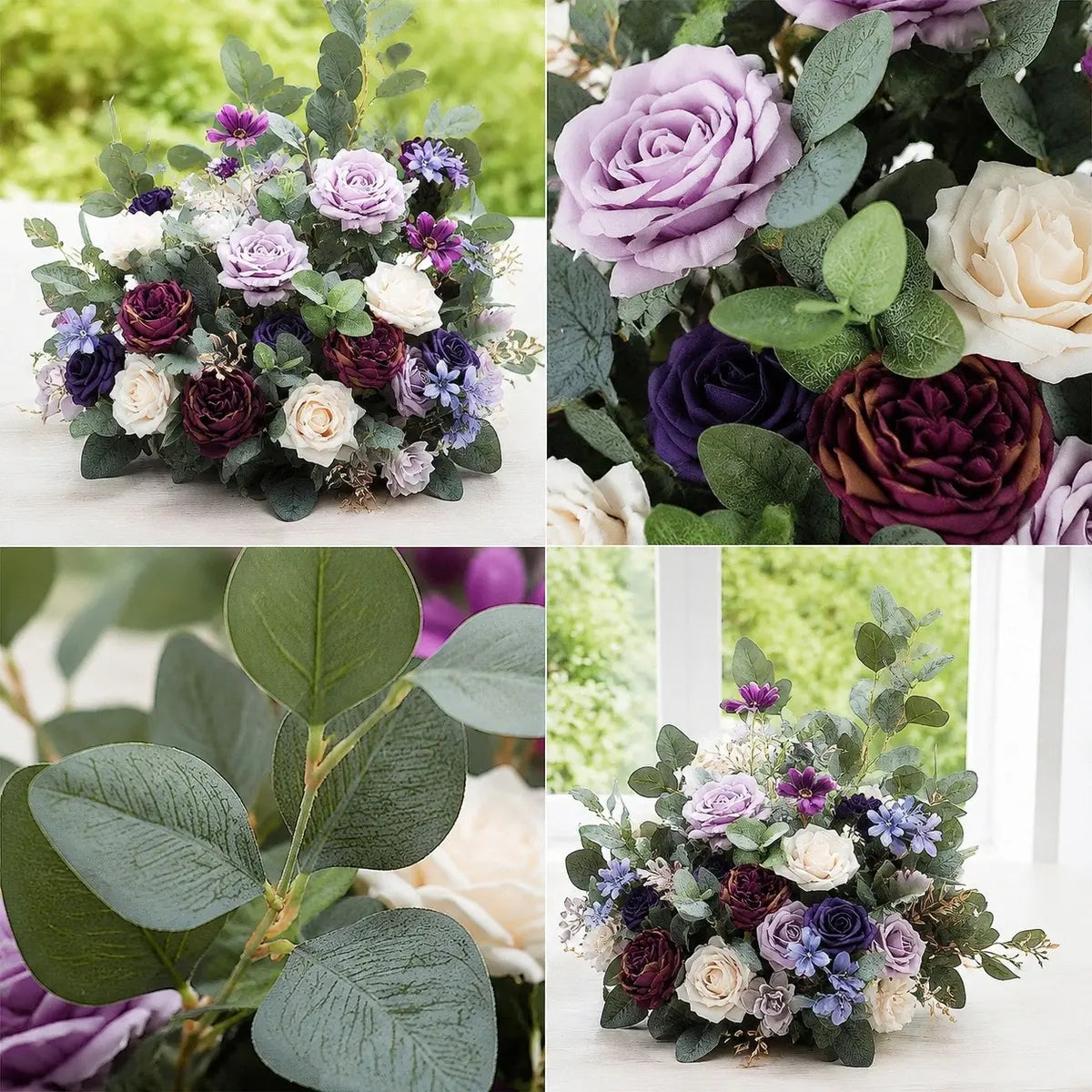 Artificial lavender rose dark plum peony blue hydrangea and sage eucalyptus leaf detail closeup set of 2 centerpieces – IPOPU
