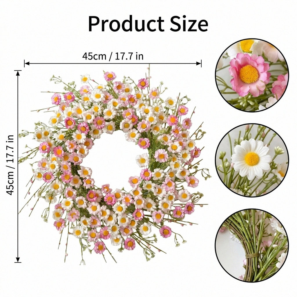 Artificial Daisy Wreath Spring Summer Floral Wreath with Pink and White Flowers for Front Door Wall Home Garden Porch Decoration