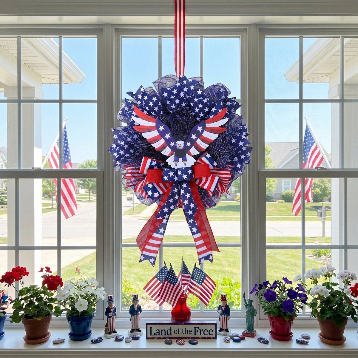 American patriotic eagle wreath with flag bow & styled for 4th of july front by IPOPU