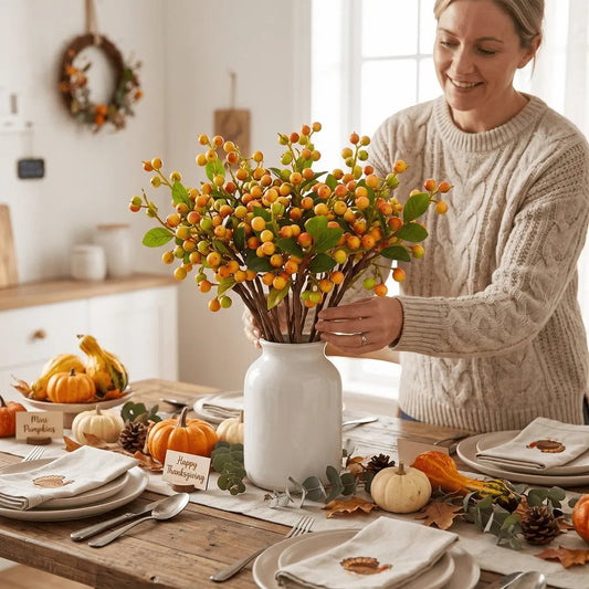 Three artificial berry stems with green leaves arranged in a clear glass vase as an autumn home decor centerpiece on a styled table