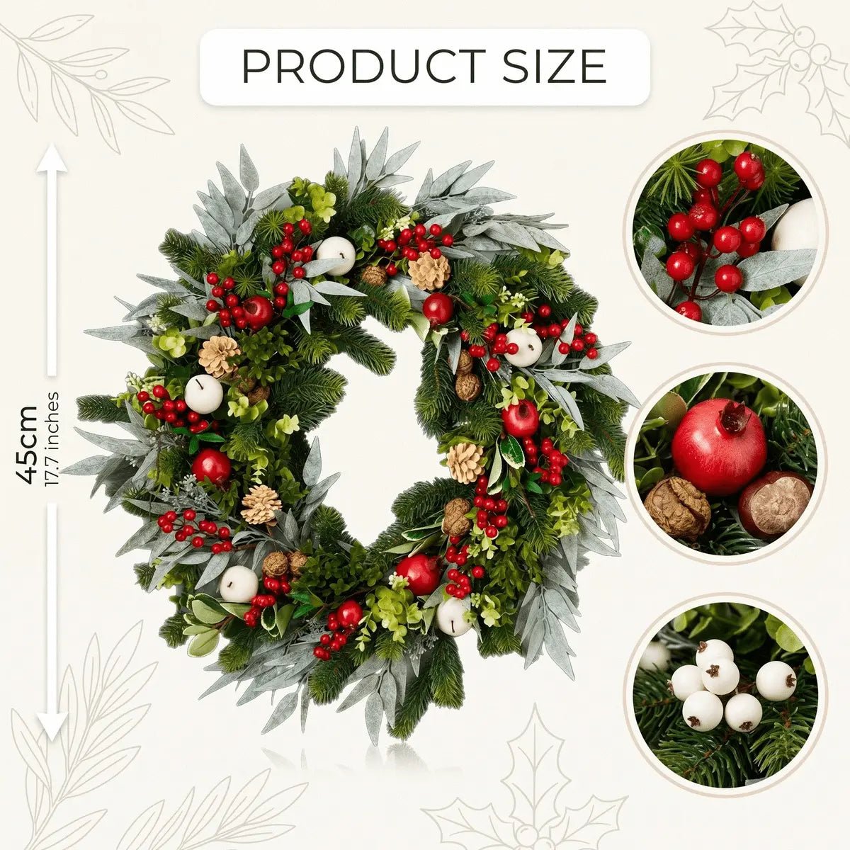 Mixed greenery Christmas wreath dimensions, 45 centimeters wide