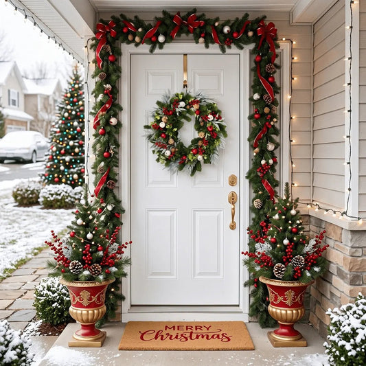Artificial evergreen winter wreath with pomegranates, eucalyptus and mixed greenery hung on a white front door for farmhouse Christmas holiday decor