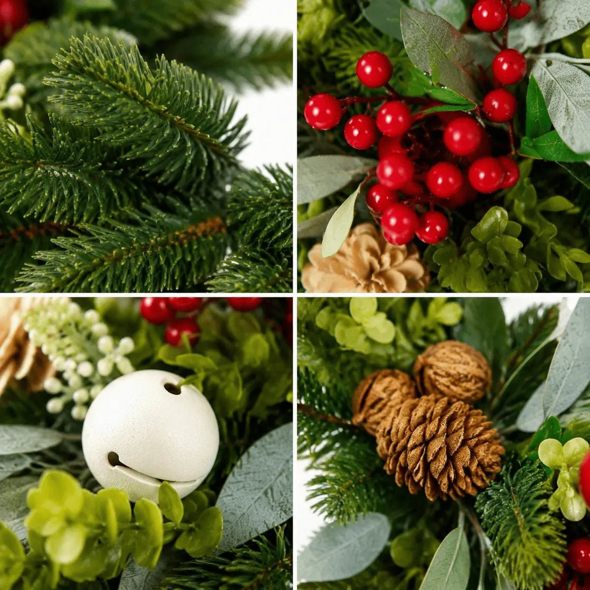 Close-up details of greenery, red berries, white ornaments and pinecones
