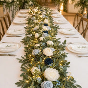 Artificial Dusty Blue & White Rose Eucalyptus Garland with LED Lights