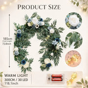 Artificial Dusty Blue & White Rose Eucalyptus Garland with LED Lights