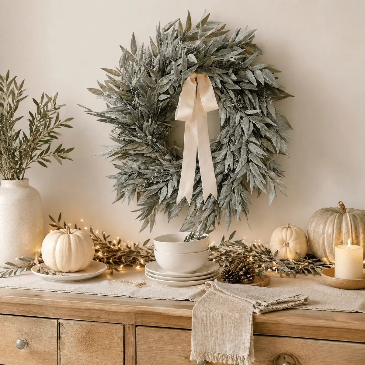 Artificial olive leaf wreath with cream ribbon bow hung on wall above rustic wood sideboard styled with white pumpkins, cream candles, fairy lights, and pinecones for fall harvest decor
