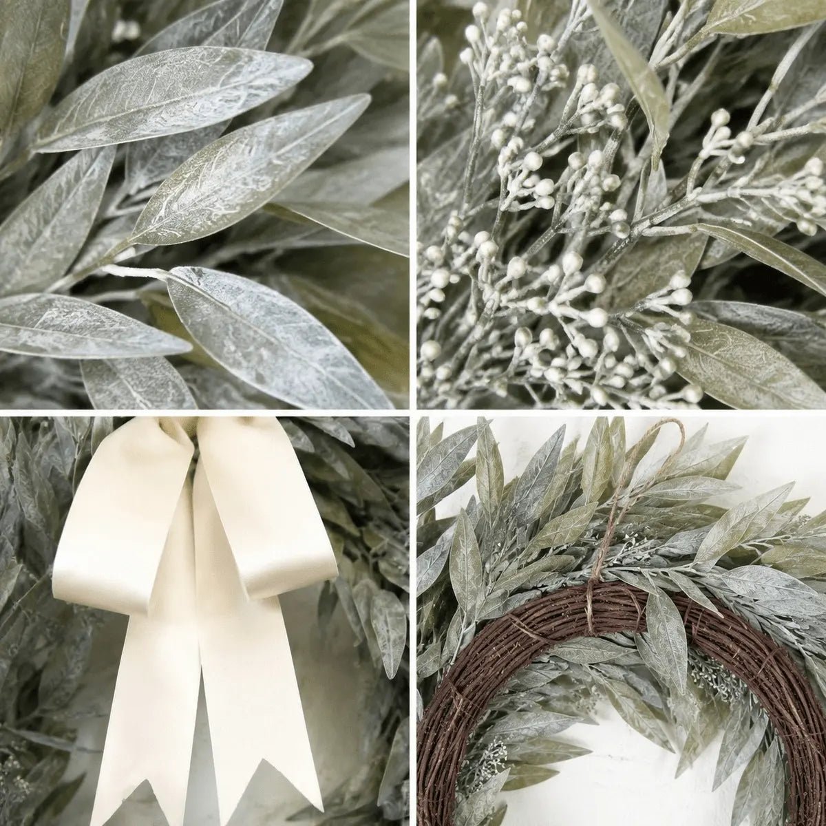 Four-panel close-up of artificial olive leaf wreath showing frosted gray-green leaf texture, white bud berry sprigs, cream satin ribbon bow detail, and natural twig base frame construction
