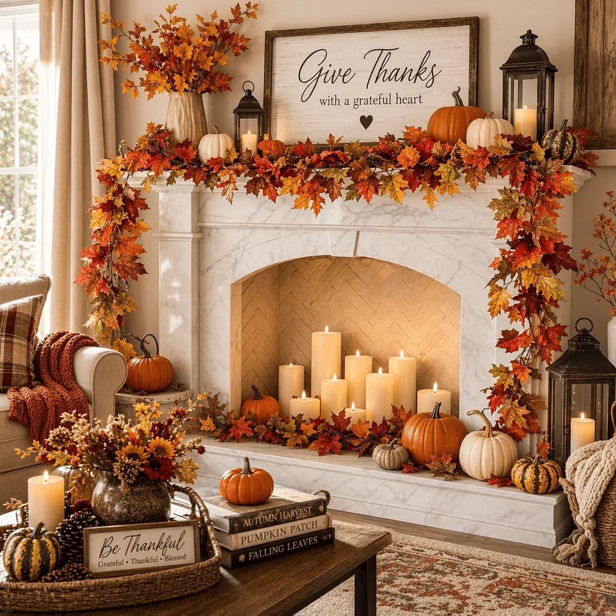 Fall maple leaf hanging vine garland 2 pack with artificial red orange and yellow autumn foliage laid flat showing full garland length