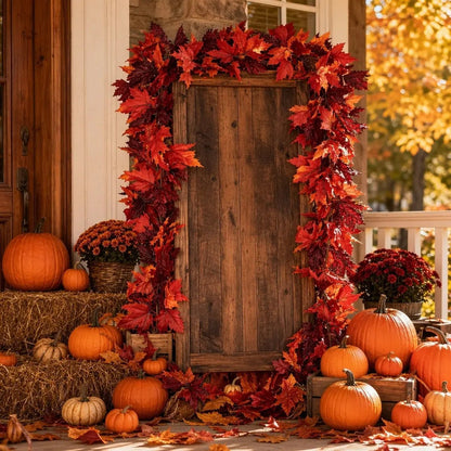 Set of 2 artificial fall maple leaf garlands draped over a fireplace mantel for Thanksgiving harvest home decor