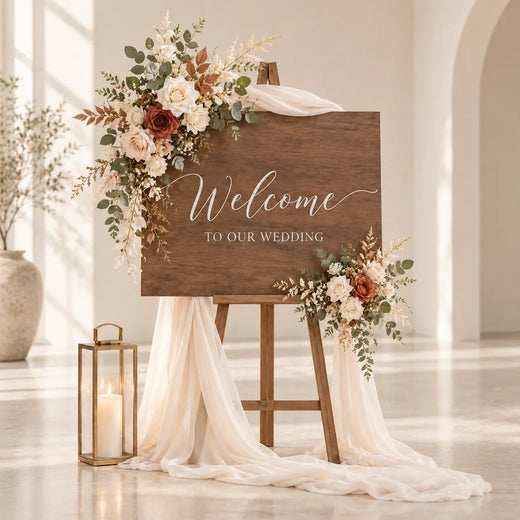 Burnt orange boho artificial flower swag decorating a rustic wedding welcome sign with lanterns and draped fabric