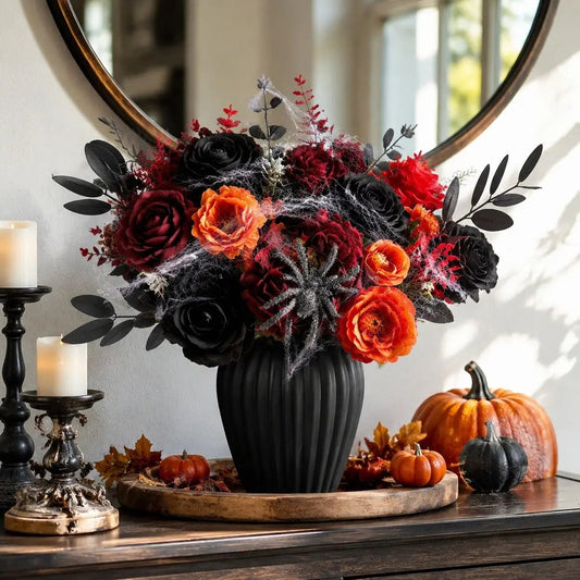 Orange black red artificial peonies and roses combo arranged in a black ribbed vase on a dark wood console table with black candlesticks, mini pumpkins, and fall leaves for Halloween home decor
