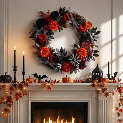 Orange black red artificial peonies and roses combo arranged as a large Halloween wreath on a white fireplace wall above a mantel with black candles, pumpkins, bat silhouettes, lantern, and fall maple leaf garland