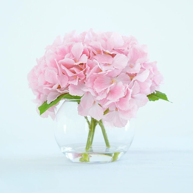 Pink Hydrangea Flowers in Glass Vase for lifelike faux floral by IPOPU