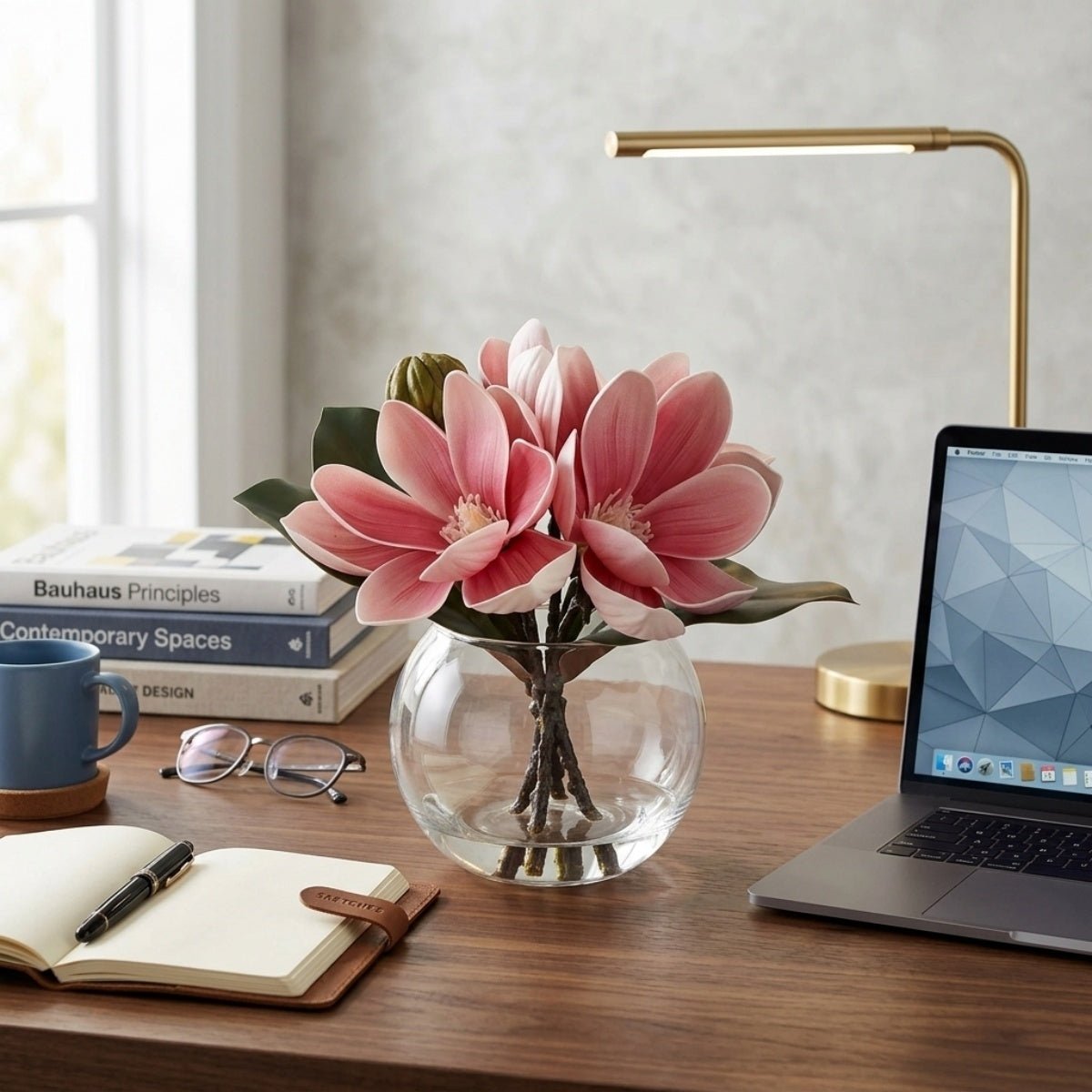 Magnolia flowers in glass vase with water arranged for home decor bathroom by IPOPU