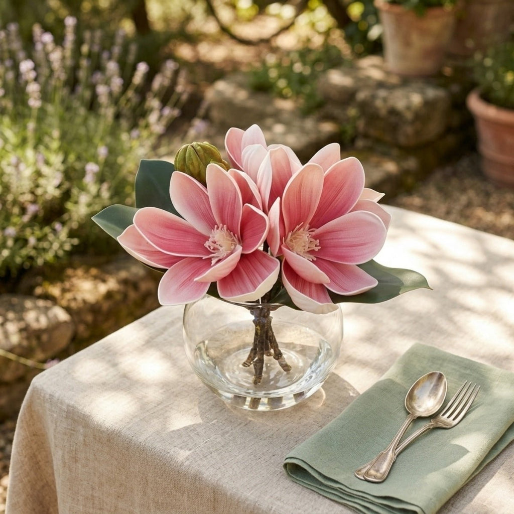 Magnolia flowers in glass vase with water arranged for home decor bathroom by IPOPU