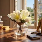 Detail of magnolia flowers in glass vase with water for home decor bathroom by IPOPU