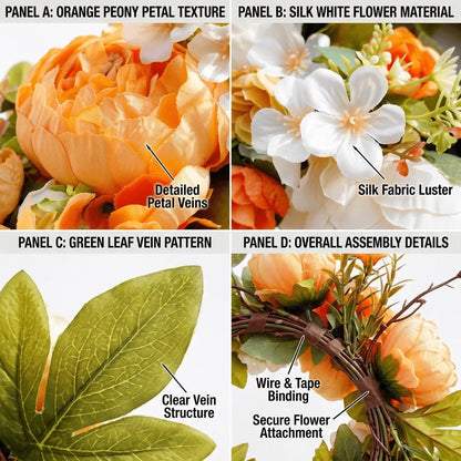 Product size chart for artificial peony wreath showing diameter measurement with orange and white silk peony detail callouts