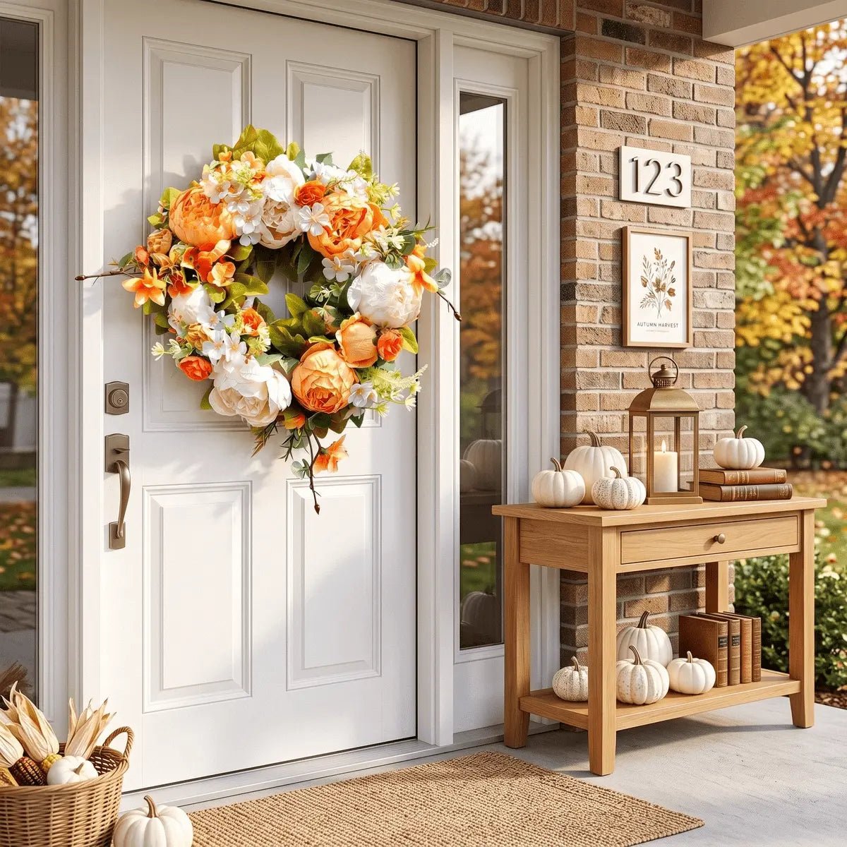 Artificial peony wreath for front door with orange and white silk peonies and green leaves, product flat lay showing full wreath detail