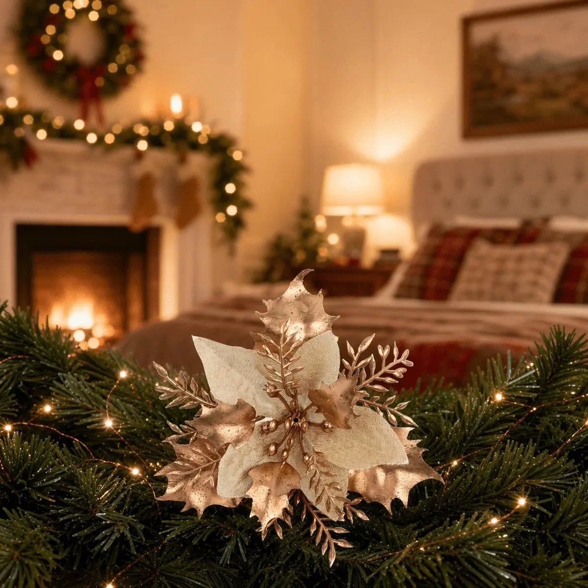 Champagne gold poinsettia pick styled with warm candlelight
