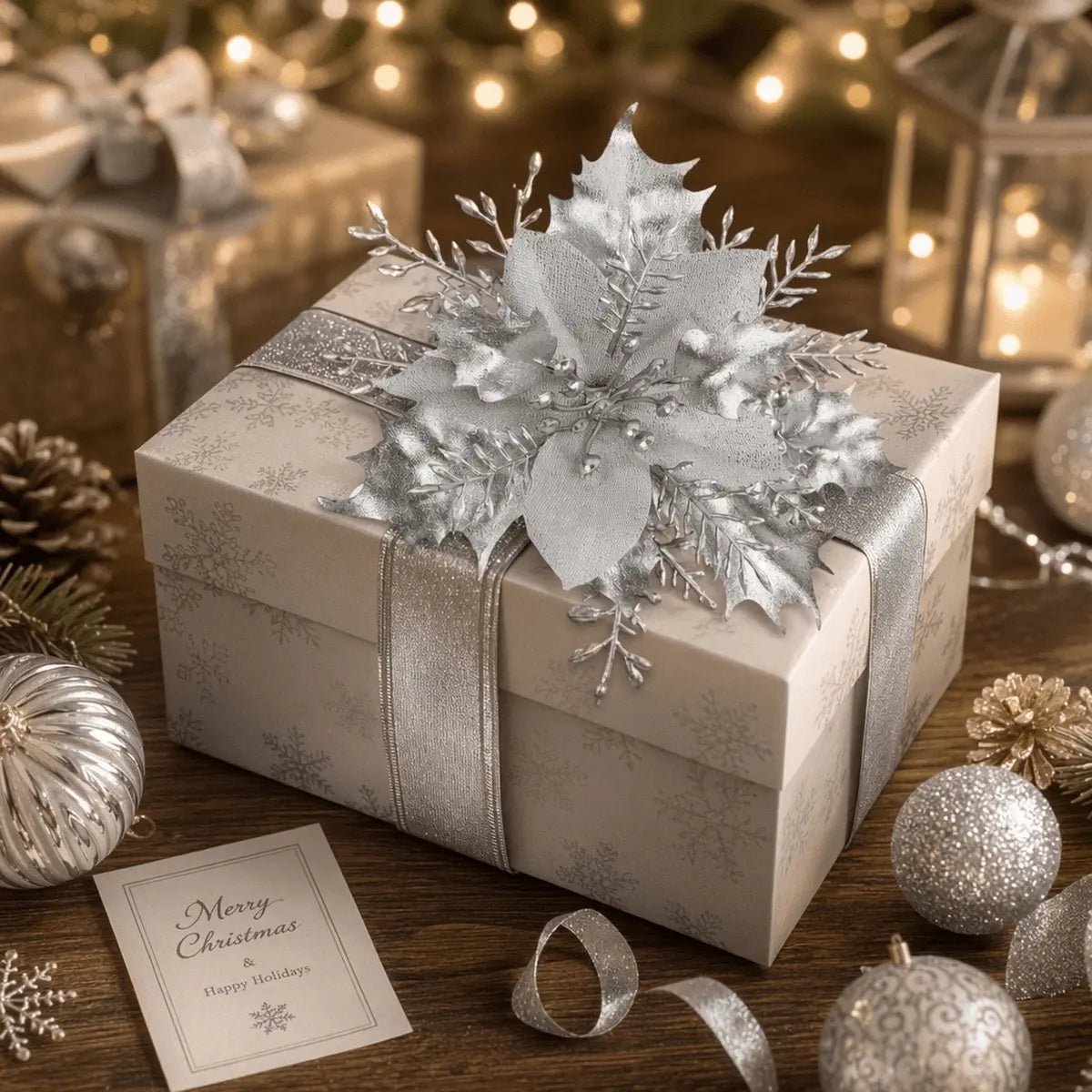 Silver poinsettia pick decorating a wrapped holiday gift