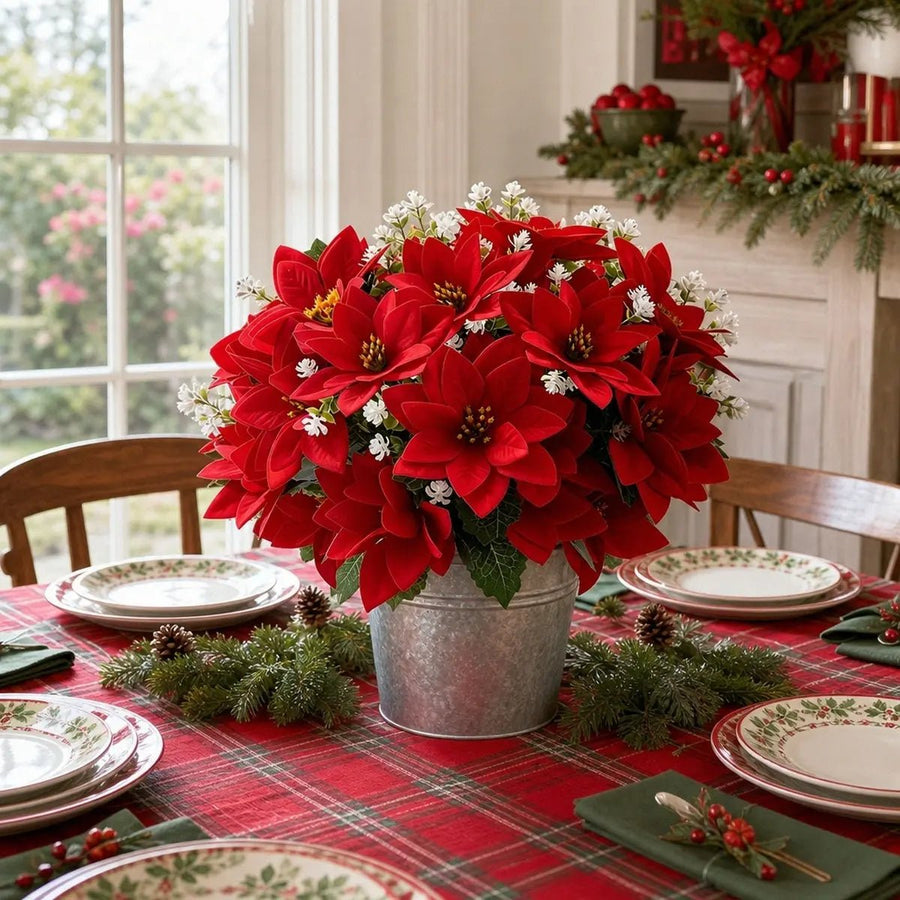 Artificial Poinsettia & White Flower Stems – 20 pcs