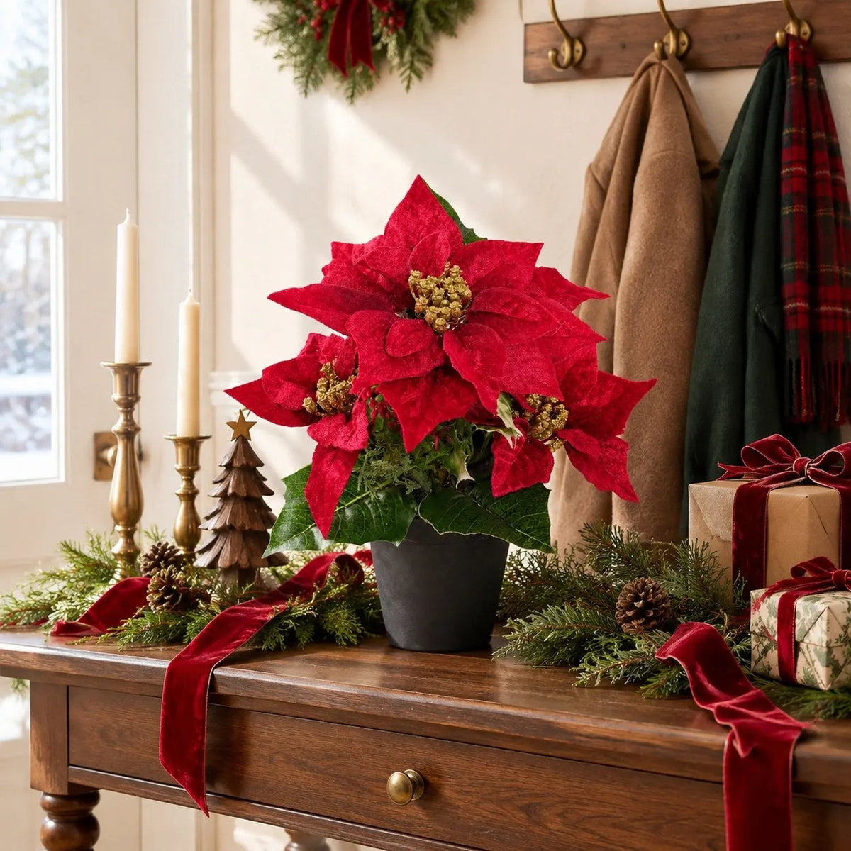 Artificial Potted Poinsettia Plant with Gold Stamens – 26 cm