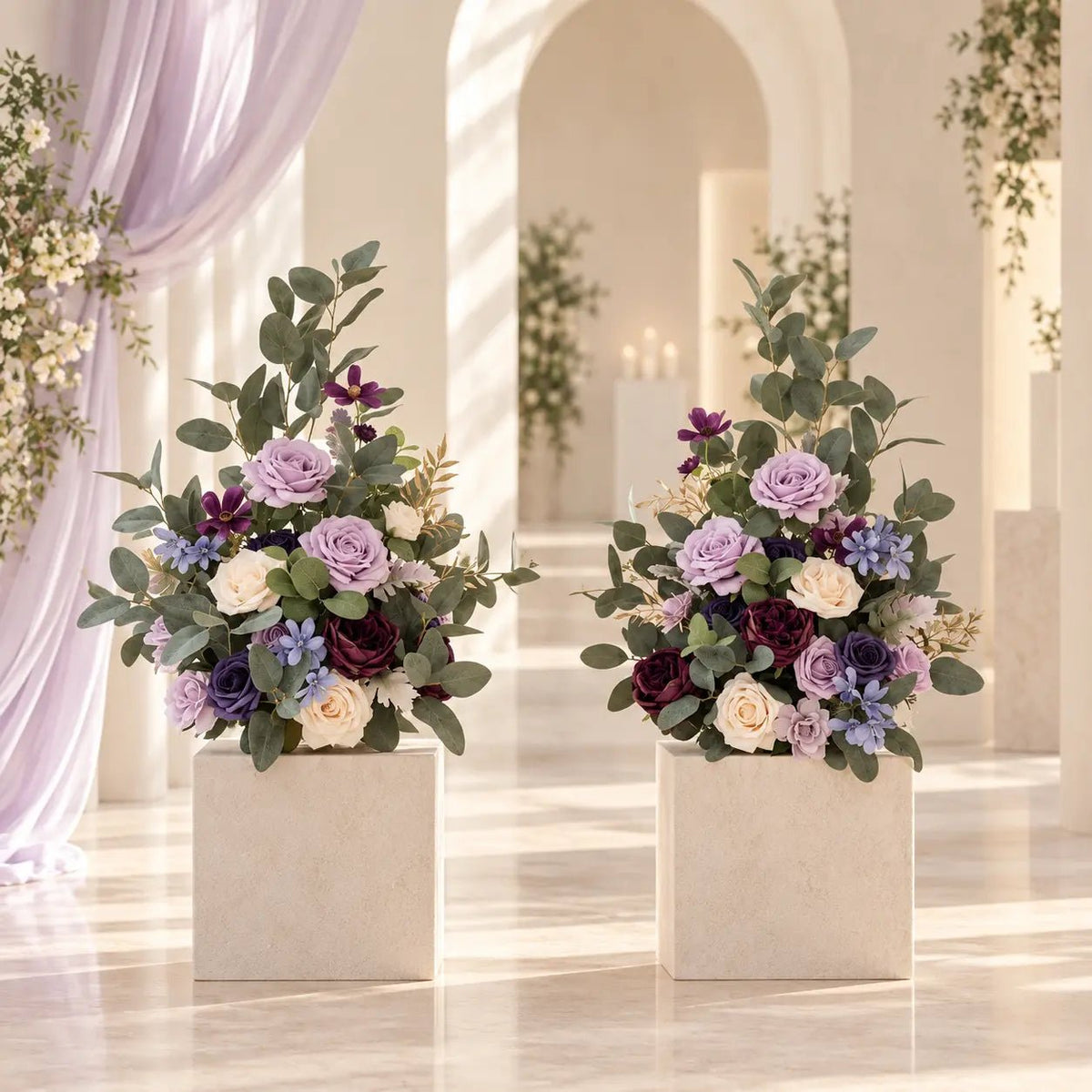 Artificial Purple Lavender Rose Centerpiece Set – 2pcs with Eucalyptus for Wedding Aisle, Table & Ceremony