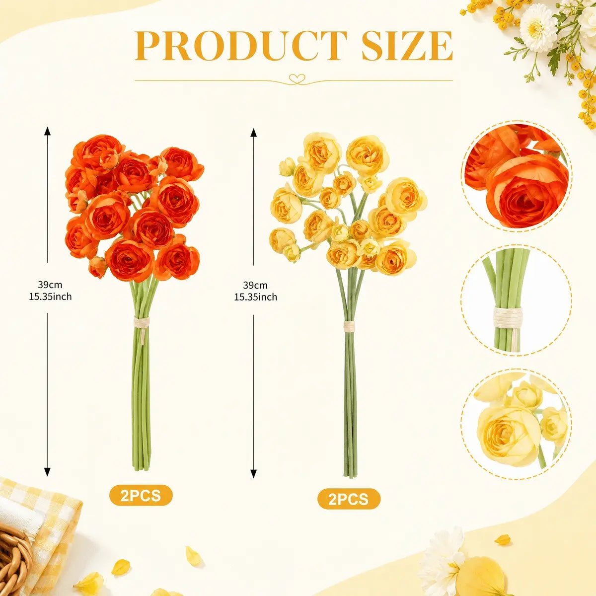 Artificial ranunculus bouquet size chart 39cm 2pcs orange 2pcs yellow silk flower stems – IPOPU
