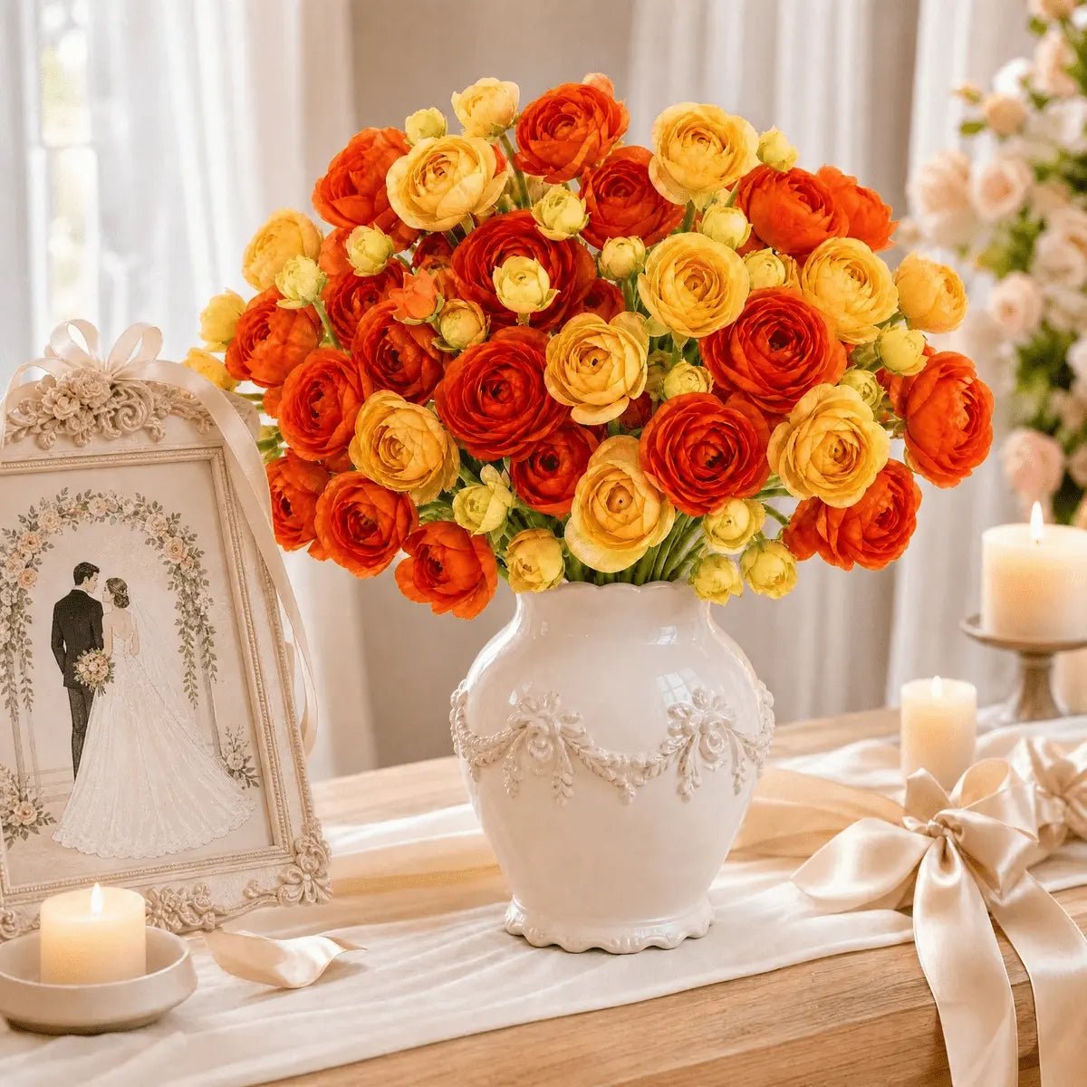 Artificial ranunculus bouquet orange and yellow in ornate white vase wedding table centerpiece – IPOPU
