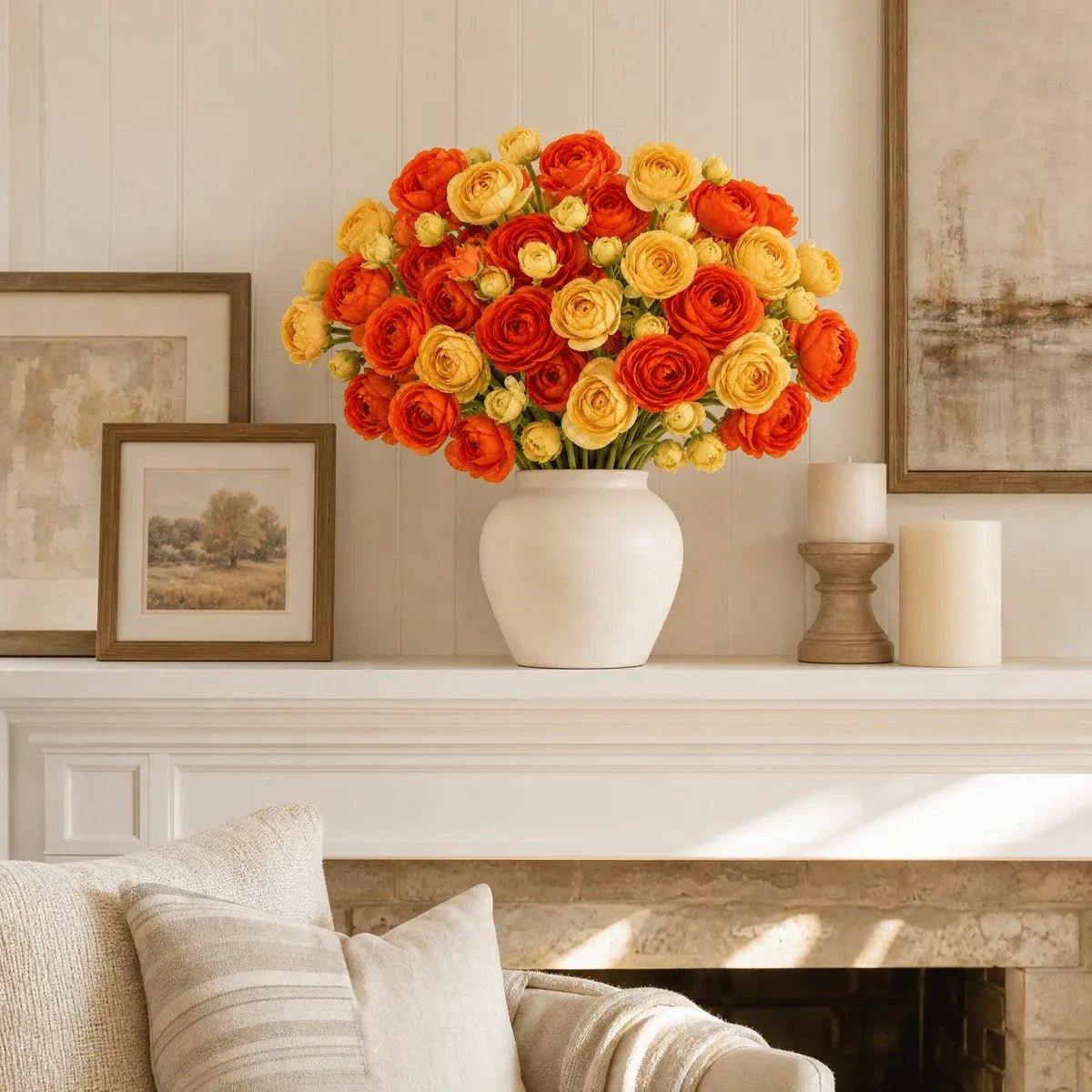Artificial ranunculus bouquet orange and yellow in white vase on fireplace mantel – IPOPU
