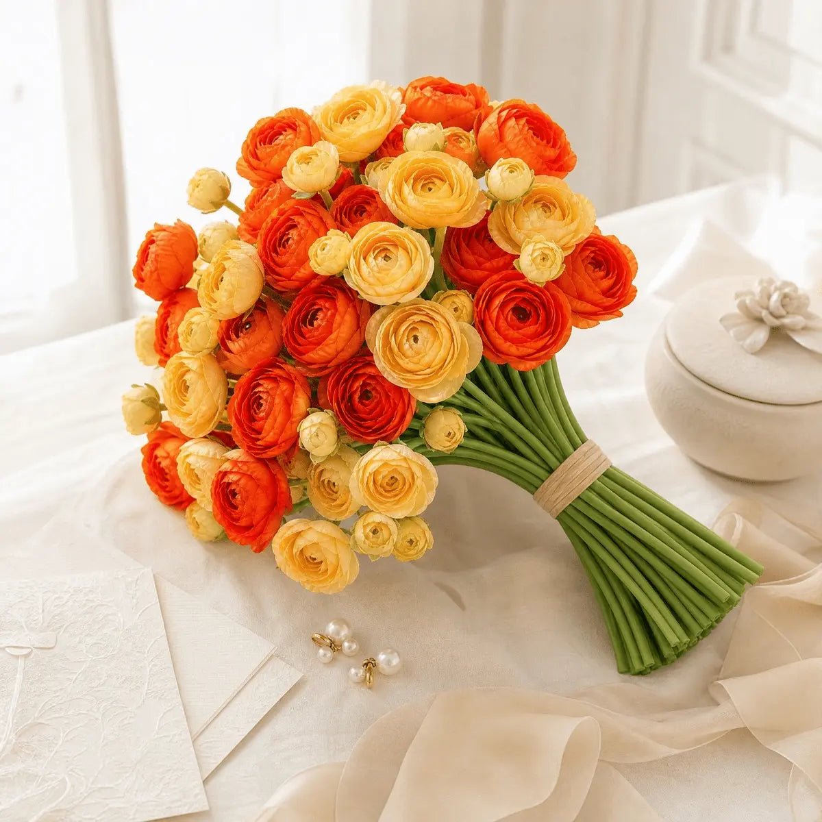 Artificial ranunculus bridal bouquet orange and cream twine-wrapped green stems close-up – IPOPU
