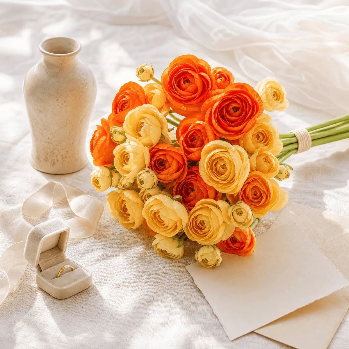 Artificial ranunculus bridal bouquet orange and cream silk flowers with ring box and vase – IPOPU
