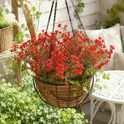 Artificial red baby's breath stems in hanging wicker basket outdoor patio display – IPOPU
