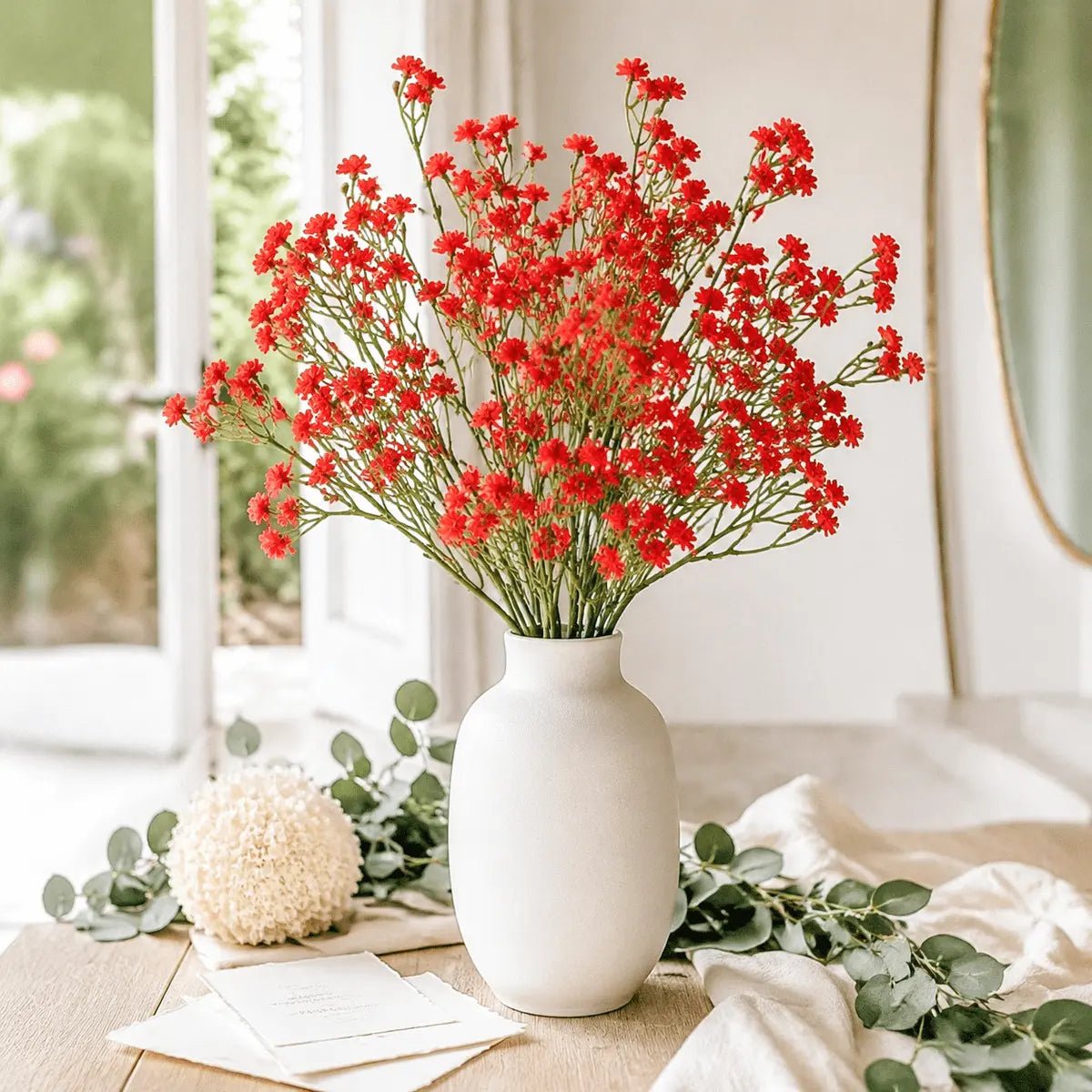 Artificial red baby's breath stems in white ceramic vase on home dining table with eucalyptus – IPOPU
