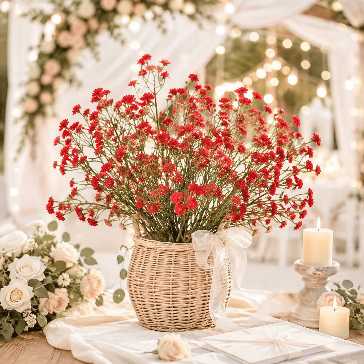 Artificial red baby's breath stems in wicker basket centerpiece at wedding reception with candles – IPOPU
