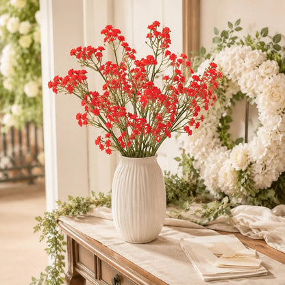 Artificial red baby's breath stems in white ribbed vase on wedding sign-in table with floral arch – IPOPU
