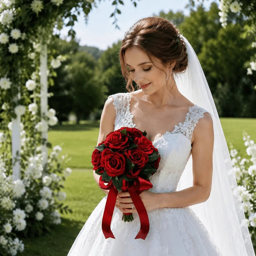 Artificial Red Rose Bridal Bouquet with Satin Ribbon