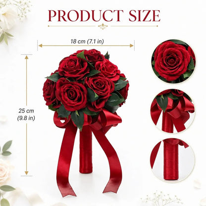 Product size chart: artificial red rose dome bridal bouquet with red satin ribbon bow, showing full shape, velvet petals, handle detail and bow close-up
