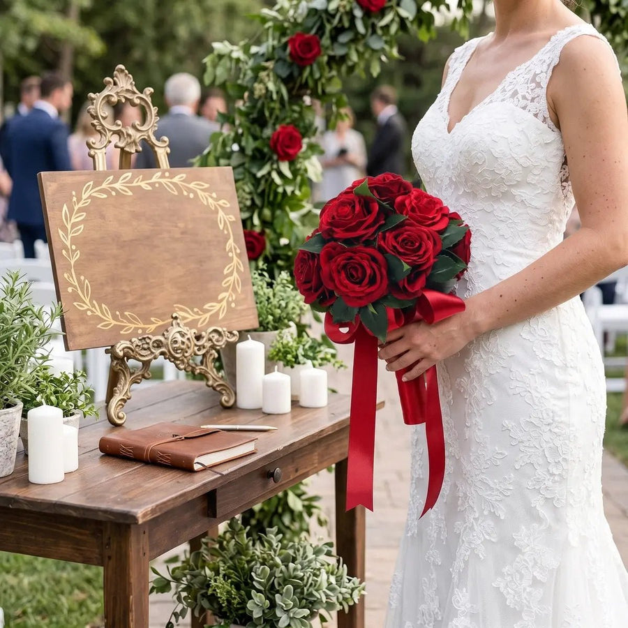 Artificial Red Rose Bridal Bouquet with Satin Ribbon