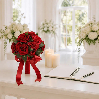 Artificial red rose bridal bouquet with satin ribbon bow on wedding sign-in table with candles – IPOPU

