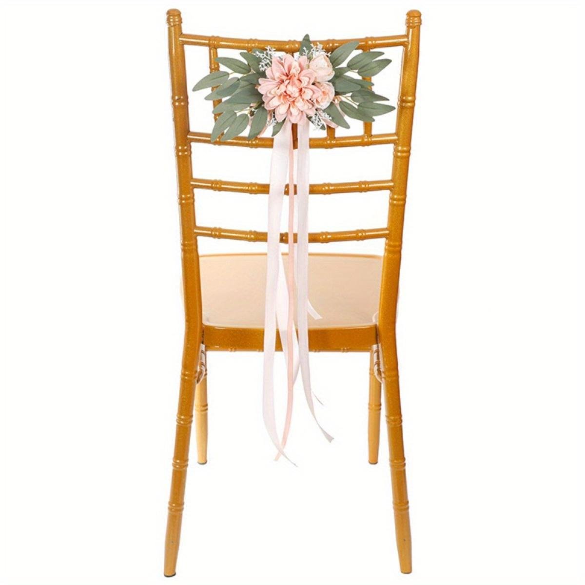 Close-up of lifelike rose chair decor 4pcs with eucalyptus & ribbons for wedding ceremony by IPOPU