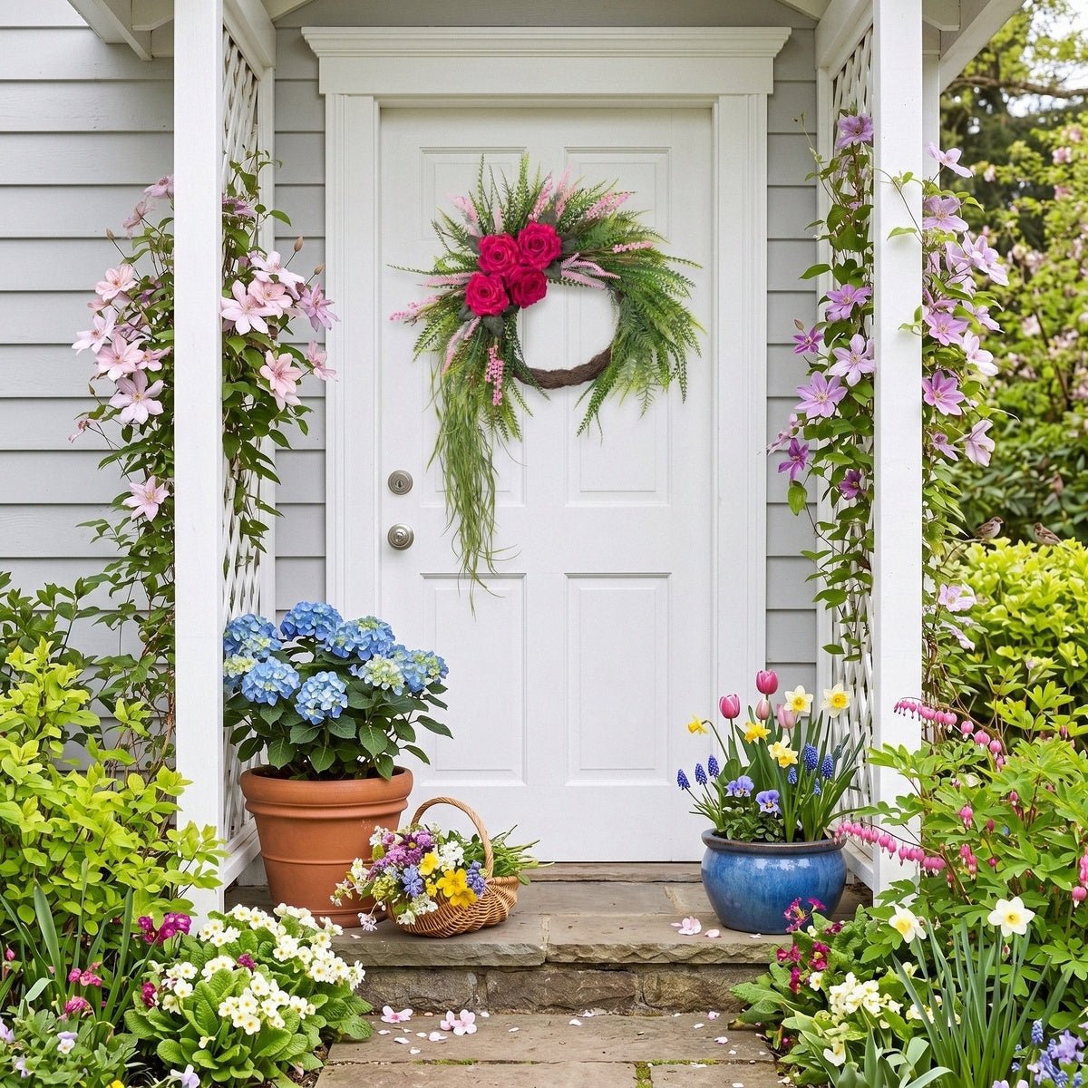 Rose fern wreath with cascading greenery and pink arranged for home decor by IPOPU