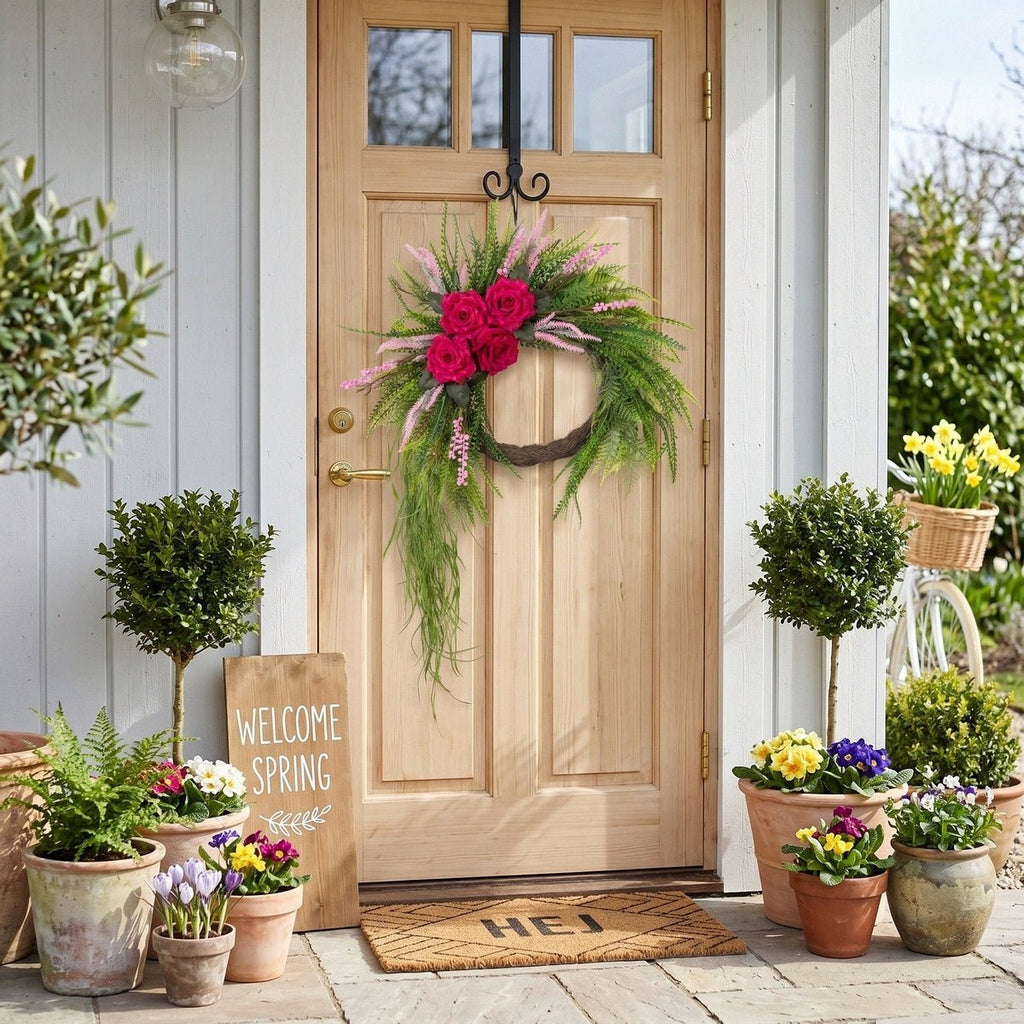 Rose fern wreath with cascading greenery and pink styled for home decor by IPOPU