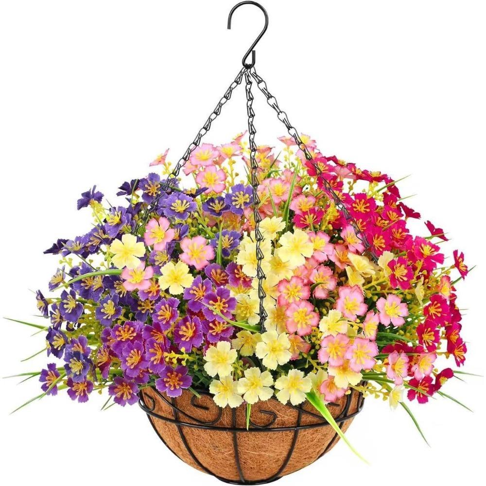 Silk Daisy Eucalyptus Spring Hanging Basket Metal Coconut Pot for front door decor by IPOPU