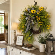 Artificial Sunflower Wreath with Buffalo Plaid Bow – 45cm Rattan Base