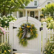 Artificial Sunflower Wreath with Buffalo Plaid Bow – 45cm Rattan Base