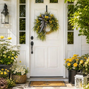 Artificial Sunflower Wreath with Buffalo Plaid Bow – 45cm Rattan Base